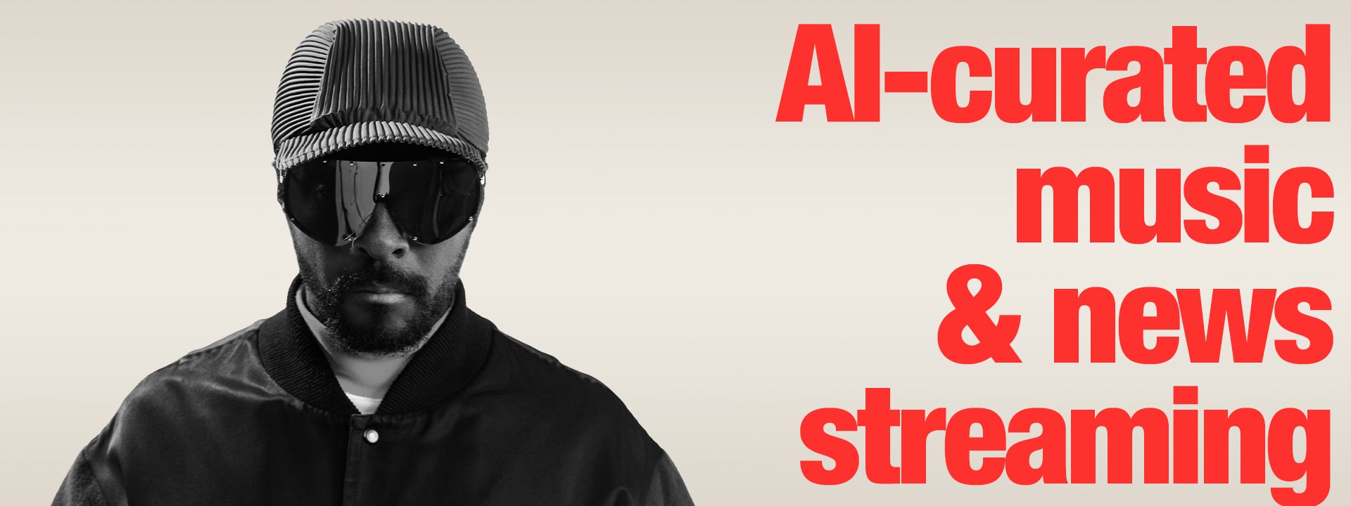 Gráfico de titulares de música y noticias seleccionadas por AI con will.i.am, que destaca las emisoras personalizadas impulsadas por AI generativa.