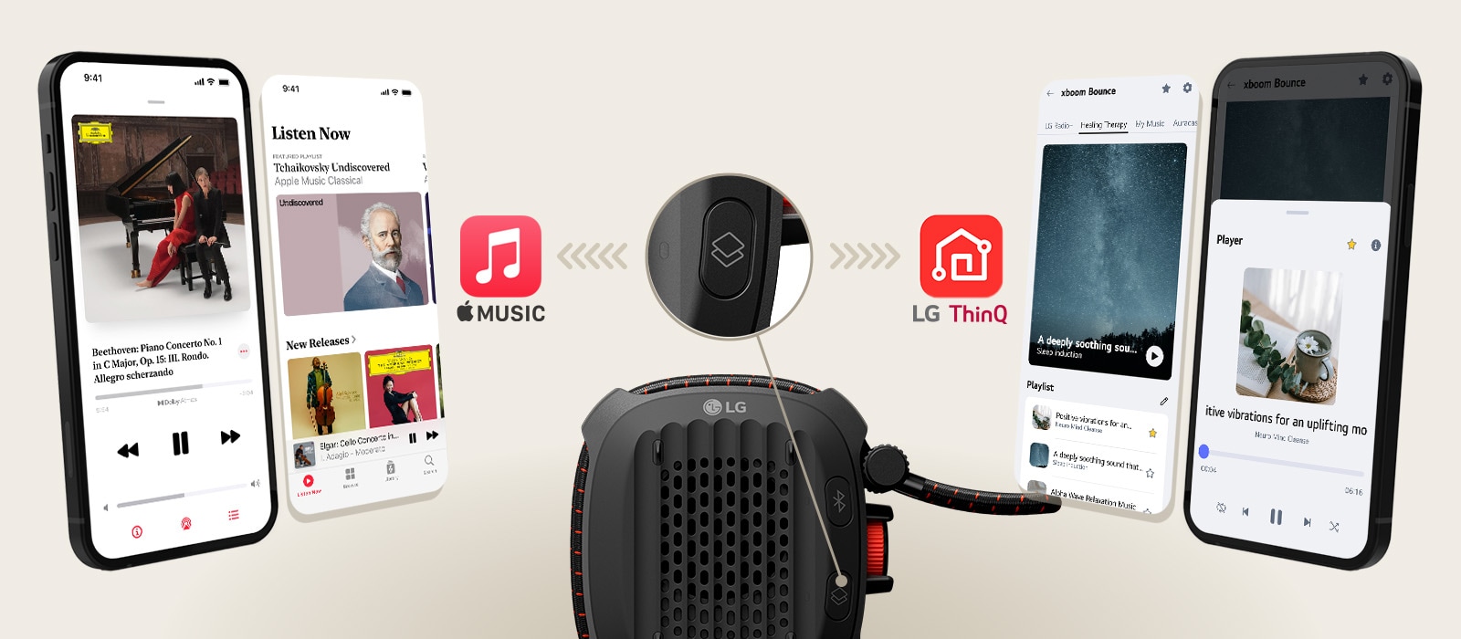Las pantallas de la aplicación Apple Music se muestran a la izquierda y las de la aplicación LG ThinQ a la derecha, destacando la reproducción con un solo toque mediante el botón My Button de la bocina LG xboom Rock.