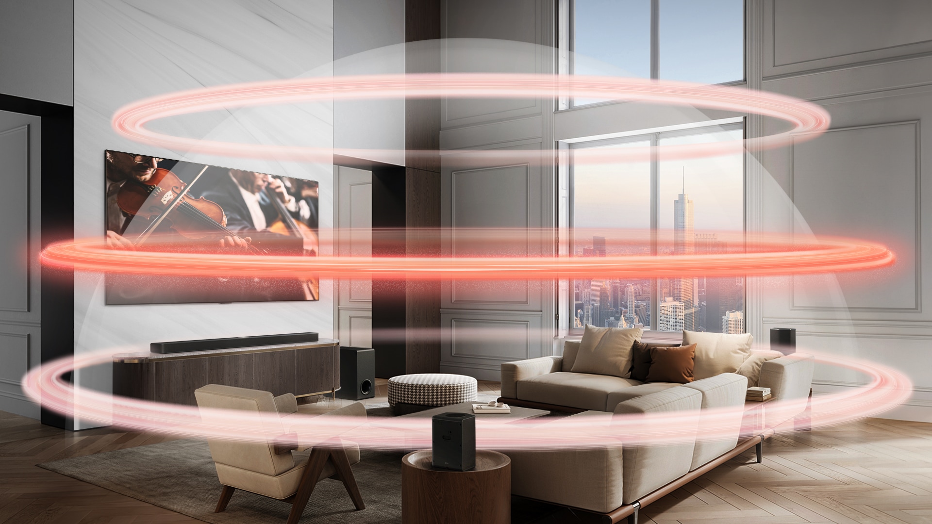 LG TV y LG Soundbar se encuentran en un gran apartamento de la ciudad. Tres bandas rojas aparecen una a la vez representando capas virtuales y se unen para crear una cúpula de sonido completa.