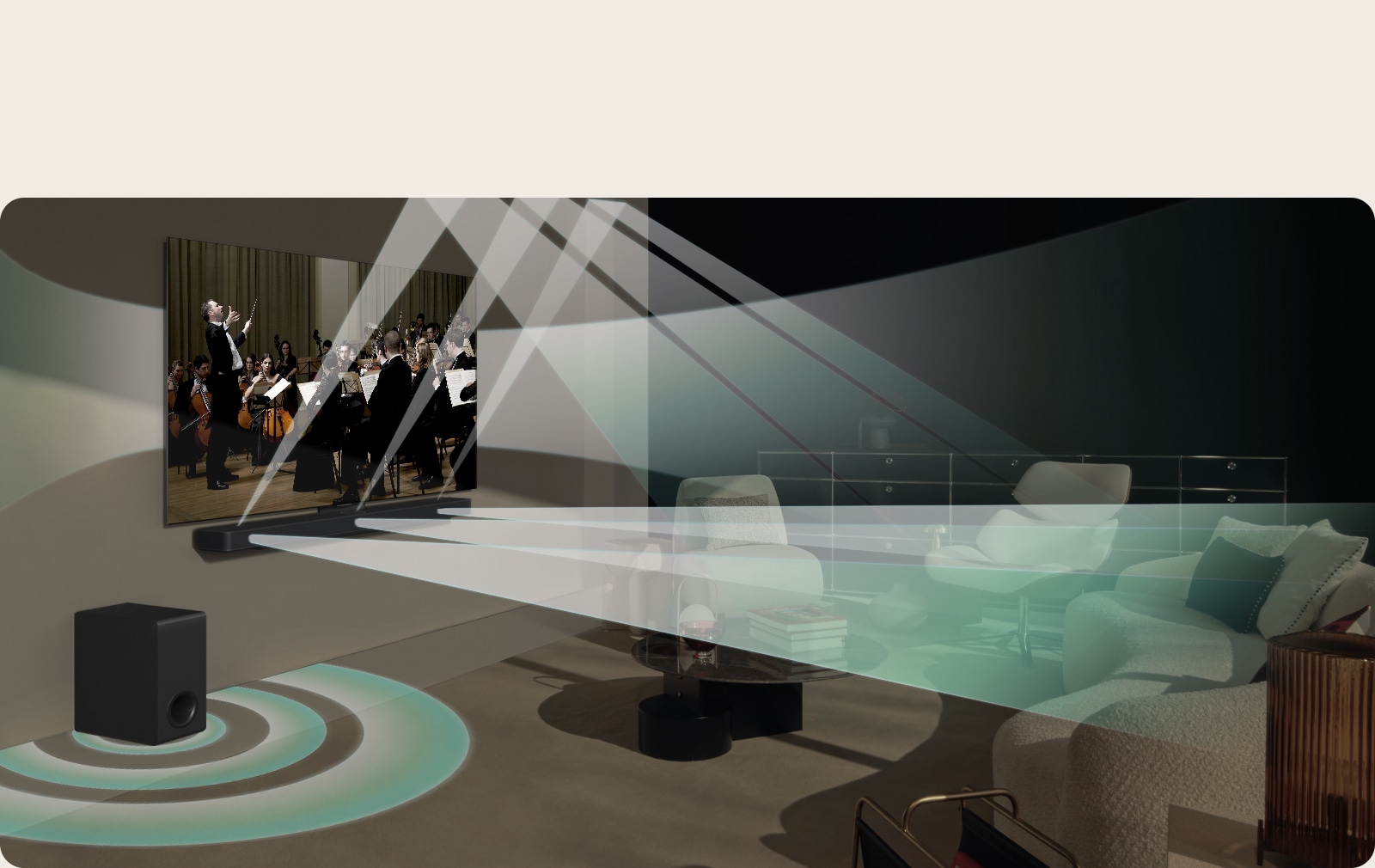 LG TV, LG Soundbar y un subwoofer se encuentran en una sala de estar interpretando una actuación musical. Las gotas blancas generan ondas de sonido que se disparan hacia arriba y hacia adelante desde la barra de sonido y se proyectan desde el televisor. Un subwoofer crea un efecto de sonido desde abajo.