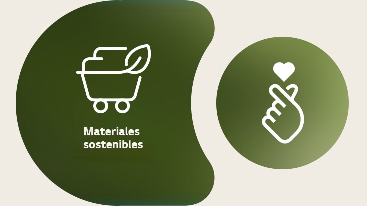 A la izquierda se muestra el ícono de materiales sustentables de LG con su nombre escrito debajo. A la derecha se muestra el icono de corazón-dedo de ESG.