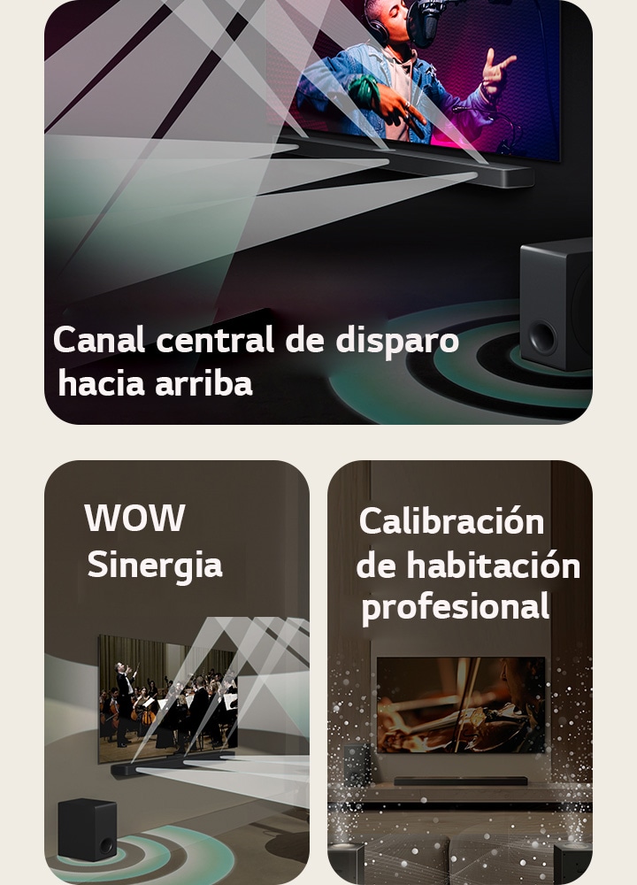 LG TV y LG Soundbar en una sala negra interpretando una actuación musical. Gotas blancas que representan ondas sonoras se disparan hacia arriba y hacia adelante desde la barra de sonido, mientras el subwoofer crea un efecto de sonido desde abajo.  LG TV y LG Soundbar en una sala de estar tocando una actuación de orquesta. Ondas blancas de gotas que representan ondas sonoras se disparan hacia arriba y hacia adelante desde la barra de sonido y se proyectan desde el televisor, mientras el subwoofer crea un efecto de sonido desde abajo.  LG TV, LG Soundbar, parlantes traseros y un subwoofer se encuentran en una sala de estar. Aparece una cuadrícula superpuesta sobre la habitación, como un escaneo del espacio. Las ondas sonoras blancas formadas por gotas muestran los altavoces traseros y la barra de sonido tocando juntos en armonía.