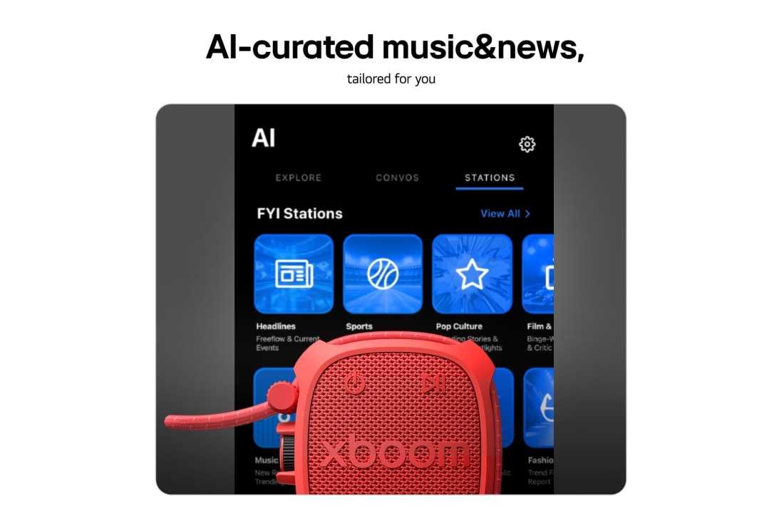 LG xboom Rock por will.i.am | Bocina Bluetooth con una durabilidad extrema para exteriores, Tarjeta USP: música y noticias seleccionadas por IA, ROCK, thumbnail 15
