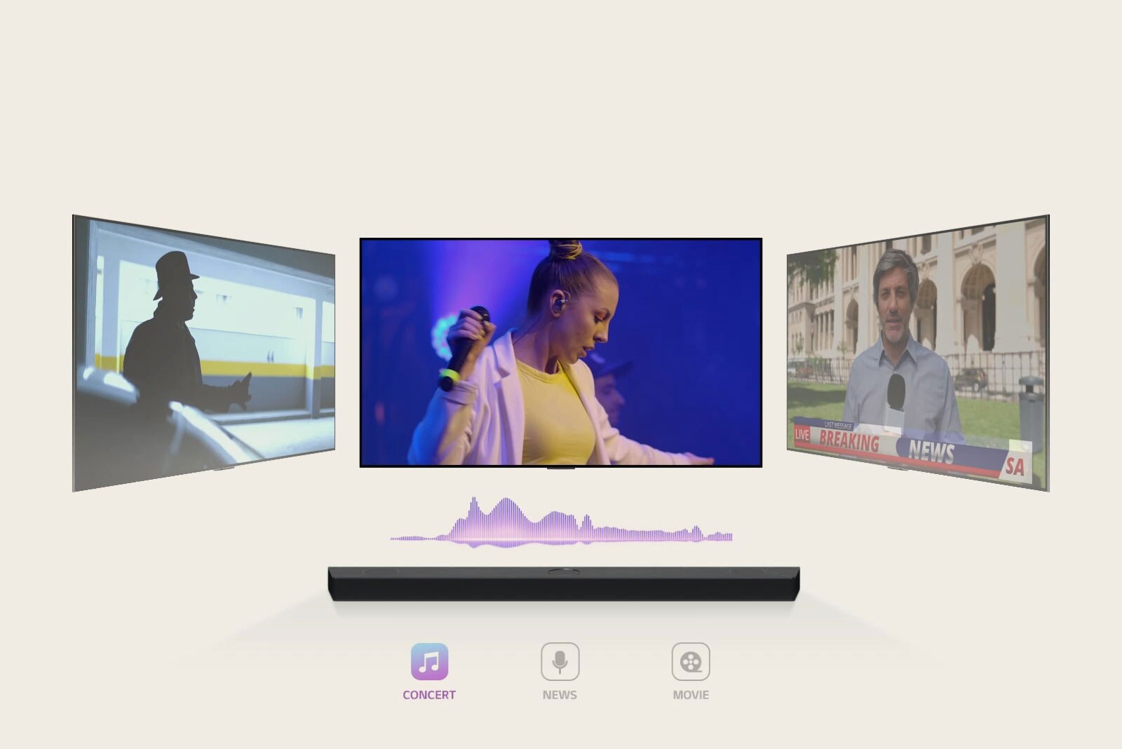 Un cantante está actuando en el televisor. Una soundbar con ondas de sonido virtuales está colocada bajo el televisor.