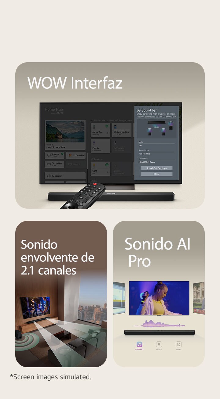 A la izquierda un televisor LG y una LG Soundbar están montados en la pared y un control remoto está apuntando el Televisor. Al centro una sala de estar con un televisor, una soundbar, un sub-woofer y muebles. Un efecto de sonido sale de la soundbar y el sub-woofer. A la derecha un cantante está actuando en el televisor. Una soundbar con ondas de sonido virtuales está colocada debajo del televisor.