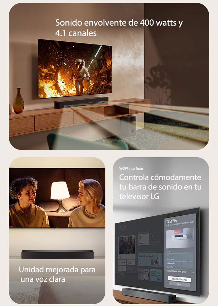 En la imagen de la izquierda se encuentran colocadas 2 unidades de Soundbar S20A, una mostrando sus partes internas como woofers y tweeters sin rejilla y otra mostrando la parte posterior. En el lado derecho se muestran el logo dts y el logo de audio Dolby digital. En la imagen del centro se muestran 3 pantallas de TV: Un escenario y un micrófono en su mano, una reportera hablando con un micrófono y una tableta en cada mano y un caballo. Debajo de los televisores se encuentra colocada la barra de sonido SH5A con gráficos de ecualización. En la parte inferior se presentan 3 íconos: MÚSICA, VOZ y CINE. En la imagen de la derecha se muestra un televisor montado en la pared con la pantalla de inicio de LG webOS y el SH5A se encuentra colocado debajo del televisor, sobre la mesa del televisor. A la izquierda se muestra parcialmente un control remoto de TV LG y a la derecha 4 íconos muestran las funciones de la Interfaz WOW.