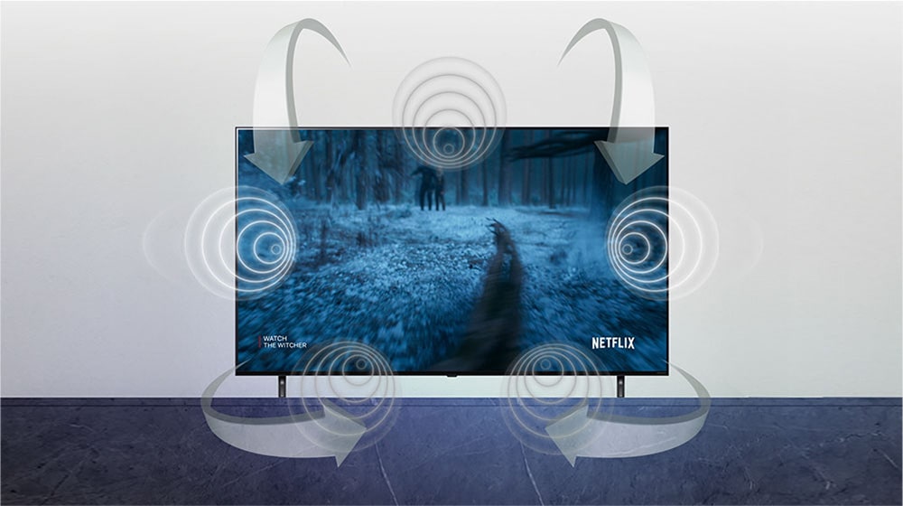 Una batalla épica se desarrolla en la pantalla. Las flechas muestran el sonido que sale del televisor procedente de múltiples direcciones y fuentes.