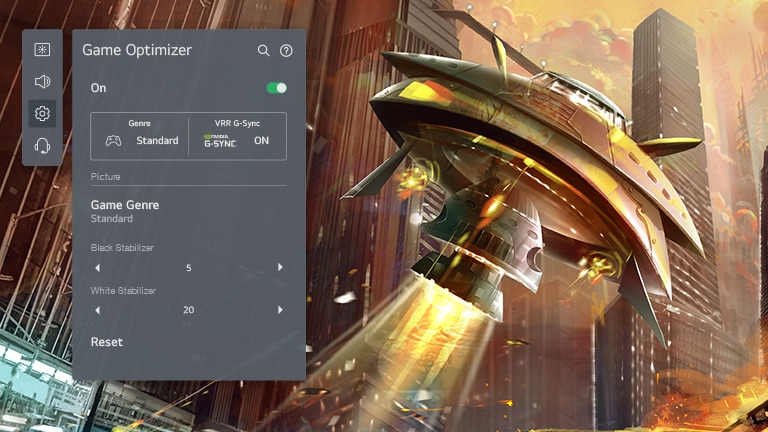 A TV screen shows a spaceship shooting in a city and the LG OLED GUI game enhancer on the left adjusting game settings.