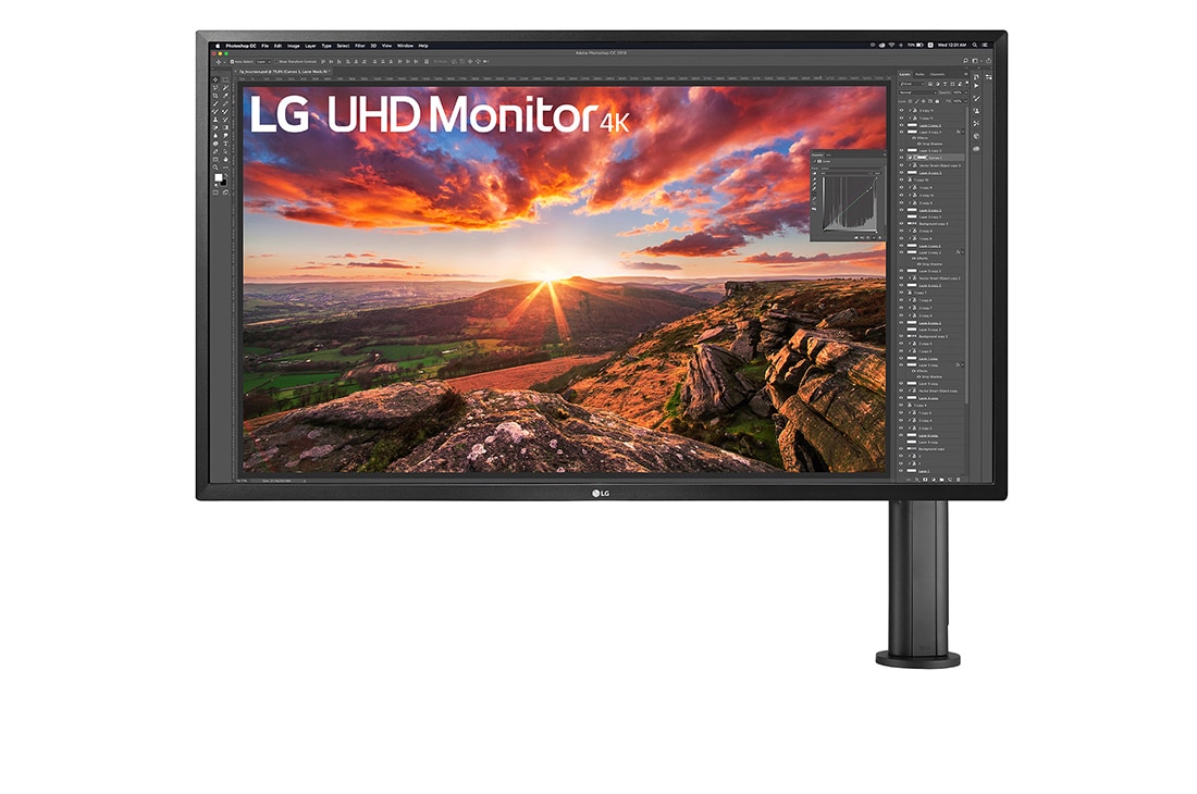 LG Monitor UHD 4K de 31,5'' con Ergo, vista frontal con el brazo del monitor a la derecha, 32UK580-B