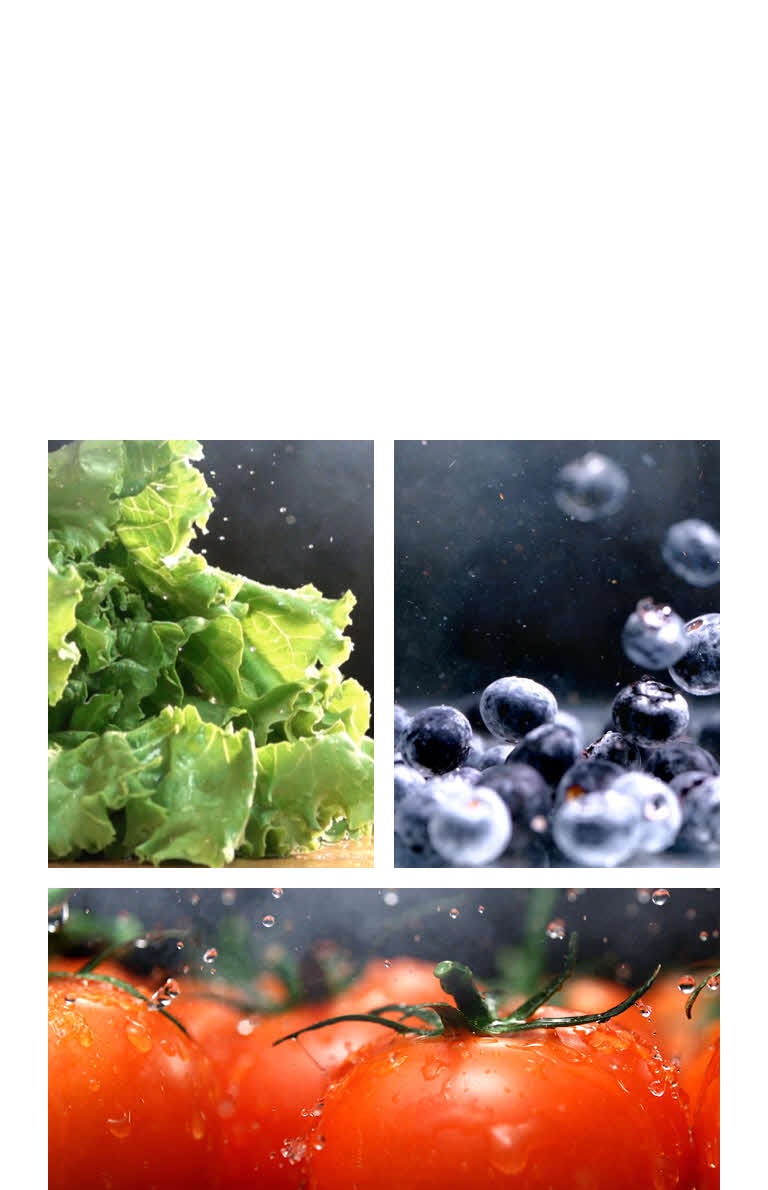 A close-up video of the water dripping from a crunchy green lettuce is next to a close-up video of the water falling on fresh red tomatoes, it is next to a video of bright and wet blueberries moving.