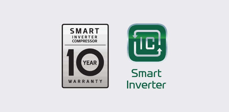 The 10-year warranty logo for the Smart Inverter compressor is located next to the Smart Inverter logo.