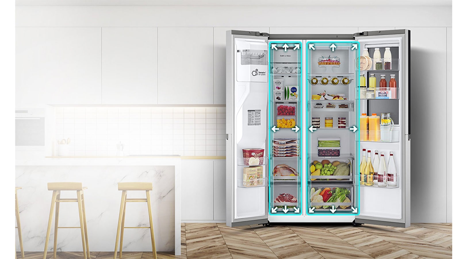 A video begins with the front view of the refrigerator with both doors open. The interior spaces are outlined with neon lines and arrows begin to push the lines to show that there is now more space inside. The neon square around the interior spaces flashes to show the difference between the new space and the old smaller space that now stands out in a dotted white line.