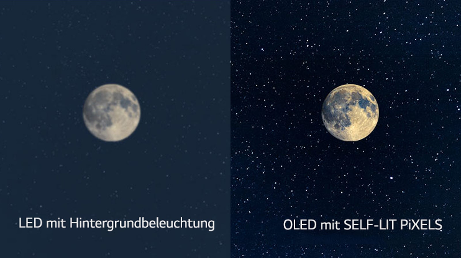 Prikaz lune, LED je na levi strani in prikazuje premalo črne barve, medtem ko je najgloblja črna na OLED-u na desni strani (predvajanje videoposnetka)
