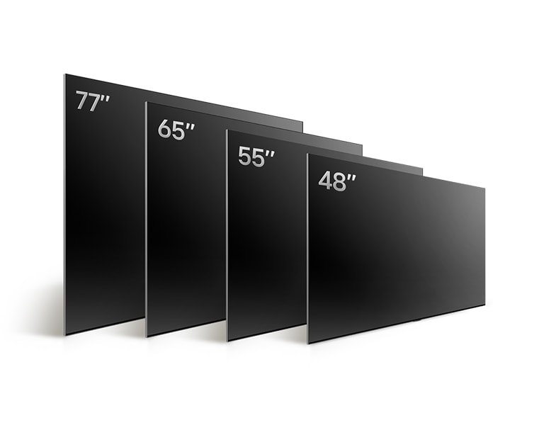 Comparing LG OLED TV, OLED B4's varying sizes, showing OLED B4 48", OLED B4 55", OLED B4 65", OLED B4 77".