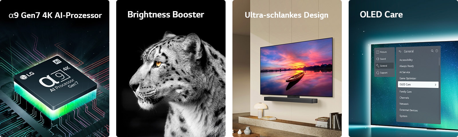 Wir sehen den alpha 9 Gen7 4K AI-Prozessor von LG auf einem Motherboard, der grüne Lichtblitze ausstrahlt. Brightness Booster mit seitlichem Gesichtsbild eines weissen Leoparden. Ultra-schlank und LG Soundbar-fähig; fach an der Wand eines modernen Wohnraums angebracht. OLED TV mit dem OLED Care-Menü ist im Support-Menü oben auf dem Bildschirm ausgewählt.