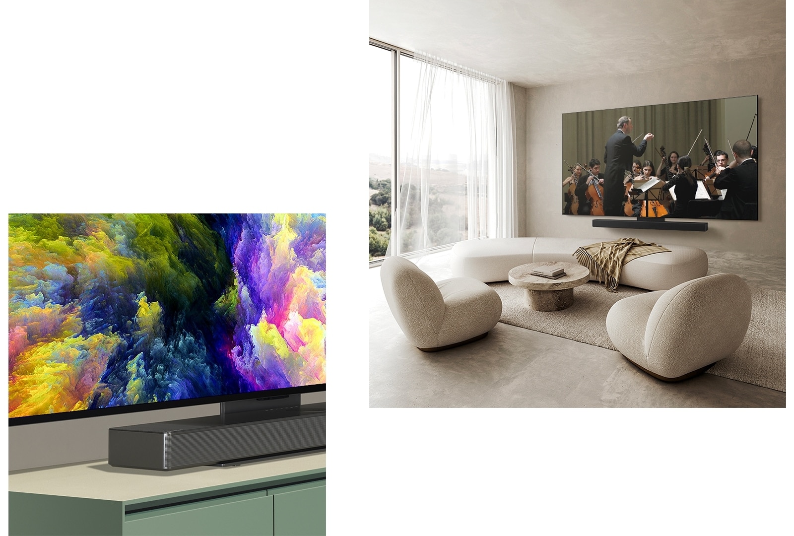 "Eine schräge Perspektive der unteren Ecke eines LG OLED evo TV C4 mit einem abstrakten Kunstwerk auf dem Bildschirm. Der OLED evo C4 und eine LG Soundbar in einem sauberen Wohnraum flach an der Wand mit einer Orchesteraufführung auf dem Bildschirm." 
