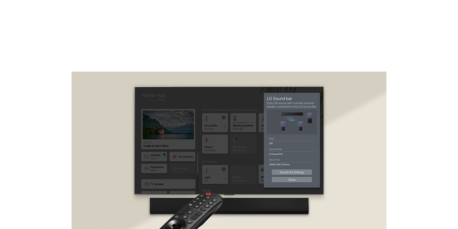 Eine Fernbedienung, die auf einen LG OLED TV zeigt mit Einstellungen auf der rechten Seite des Bildschirms. 