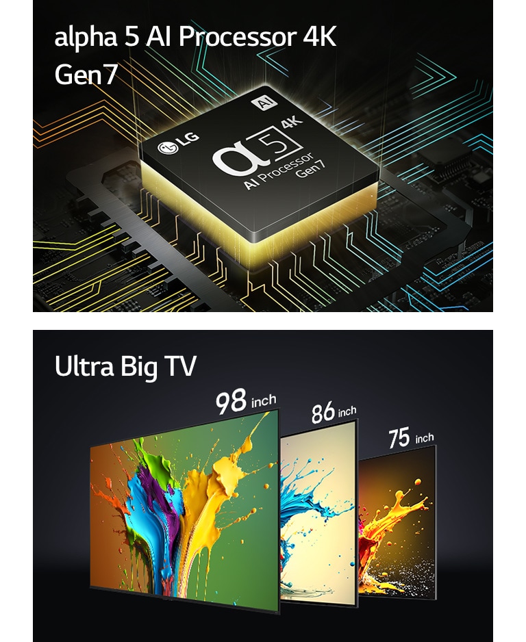 Der alpha 5 KI-Prozessor 4K Gen7 wird mit einem gelbfarbenen Licht gezeigt, das von der Unterseite ausgeht. LG-QNED89-, QNED90- und QNED99-Fernseher werden in der Reihenfolge von links nach rechts gezeigt. Jeder Fernseher zeigt bunte Farbtupfer und die Worte „Ultra Big TV“ sind über den Fernsehern zu sehen.	