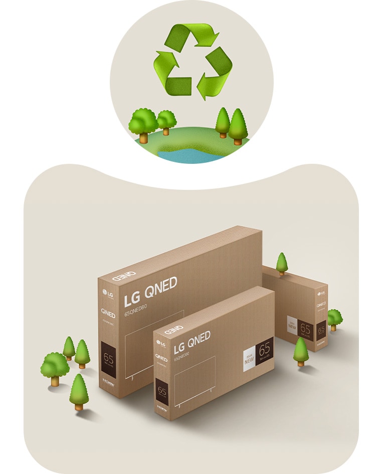 LG QNED Verpackung vor einem beigen Hintergrund mit illustrierten Bäumen. 