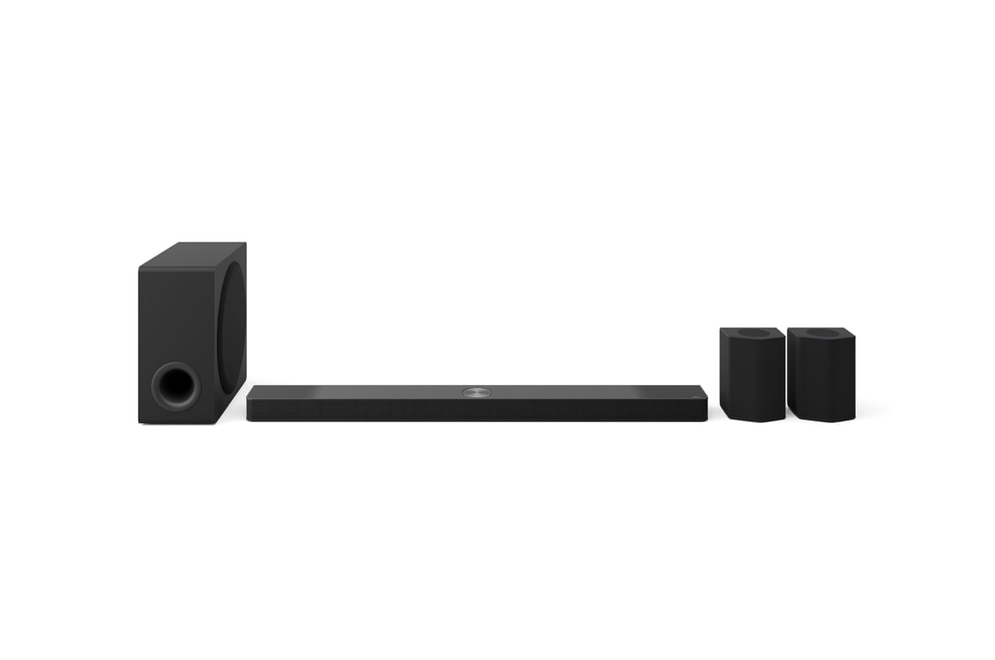 LG 9.1.5 Dolby Atmos Soundbar DS95TR mit 810 Watt, Frontansicht der Soundbar, Subwoofer und hintere Lautsprecher, DS95TR