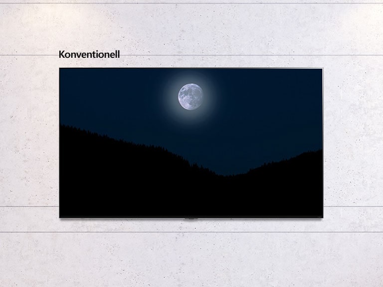 Das scrollbare Bild eines wandmontierten Fernsehers zeigt eine dunkle Szene, und zwar den Mond, der über Bergen aufgeht. Die Szene wechselt zwischen einem Fernsehgerät normaler Grösse und einem LG QNED MiniLED TV mit Grossbildschirm.