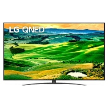 Een vooraanzicht van de LG QNED TV met invulbeeld en productlogo op1