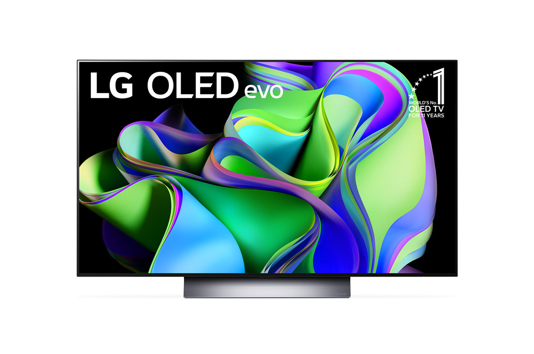 LG 48“ LG OLED TV, Vorderansicht mit dem LG OLED evo „11 Years World No.1“-OLED-Logo und Logo für 5 Jahre Garantie auf das Display auf dem Bildschirm, OLED48C39LA