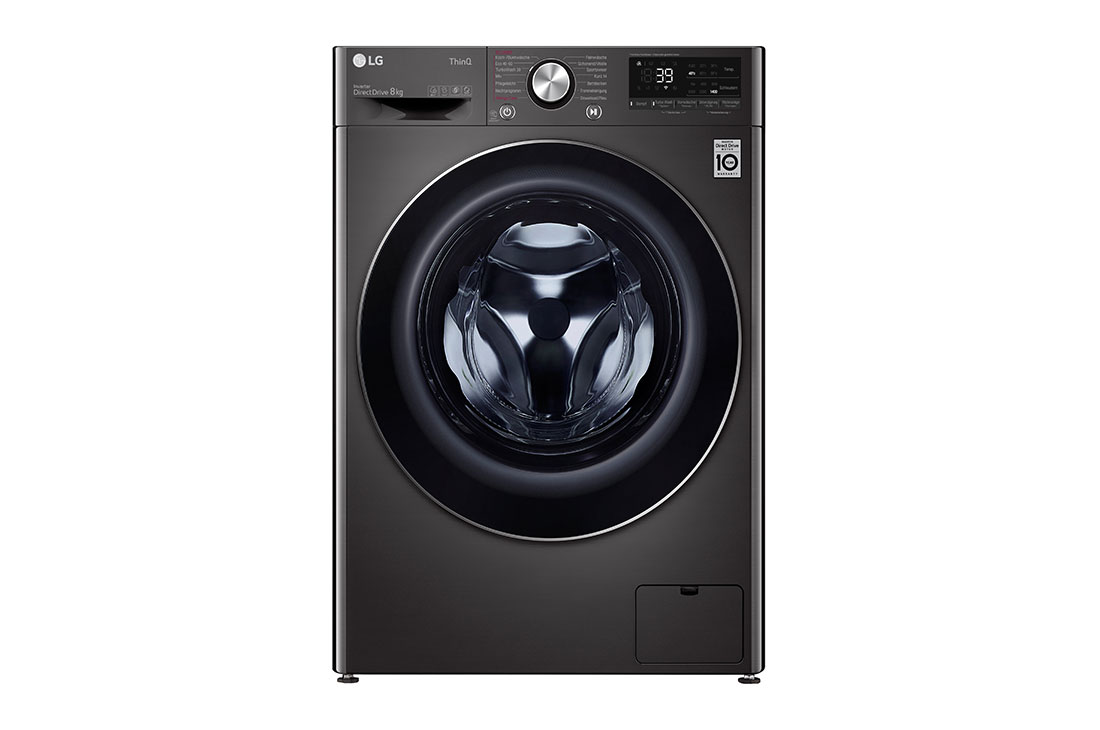LG Waschmaschine mit 8 kg Kapazität | Energieeffizienzklasse A | 1.400 U./Min. | Metallic Black Steel mit Chromring Bullauge | F4WV708P2BA, Front view , F4WV708P2BA