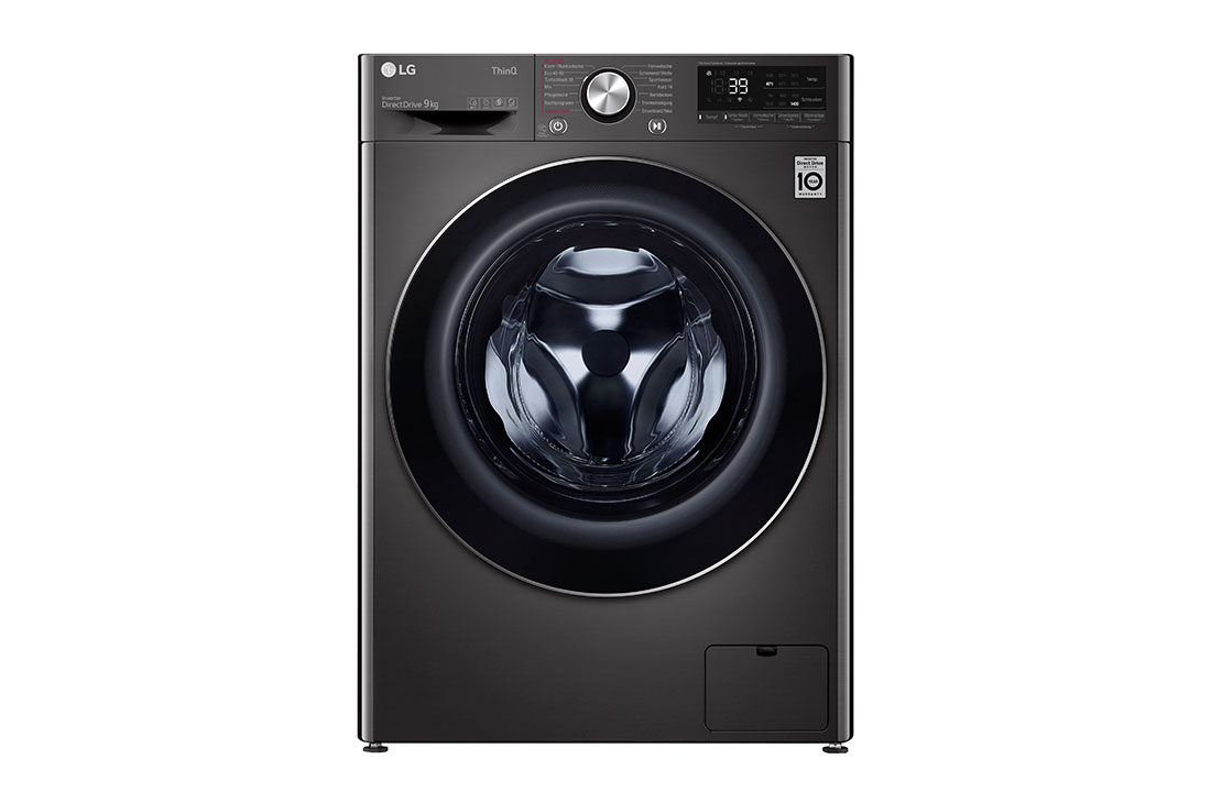 LG Waschmaschine mit 9 kg Kapazität | Energieeffizienzklasse A | Metallic Black Steel mit Chrom-Bullaugenring  |  F4WV709P2BA, Front view , F4WV709P2BA