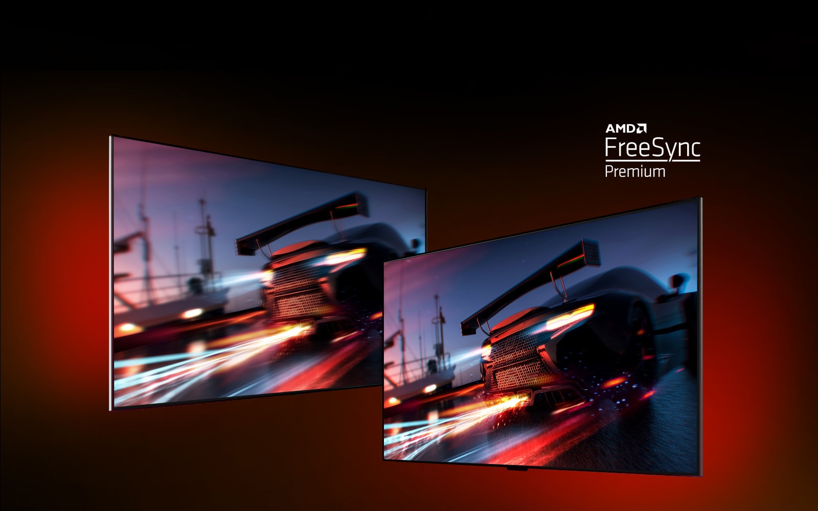 Deux téléviseurs sont affichés : celui de gauche montre une scène de jeu FORTNITE avec une voiture de course. Celui de droite montre la même scène de jeu, mais avec une image plus claire et plus nette. Dans le coin supérieur droit, le logo AMD FreeSync Premium est affiché.  
