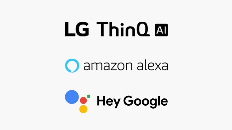 Le logo LG ThinQ AI, le logo de l’assistant Google, et le logo d’Amazon Alexa sont disposés verticalement sur un fond blanc.
