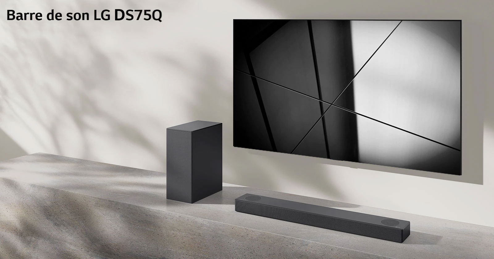 La barre de son DS75Q de LG et le téléviseur LG sont placés ensemble dans le salon. Le téléviseur est allumé et projette une image en noir et blanc.