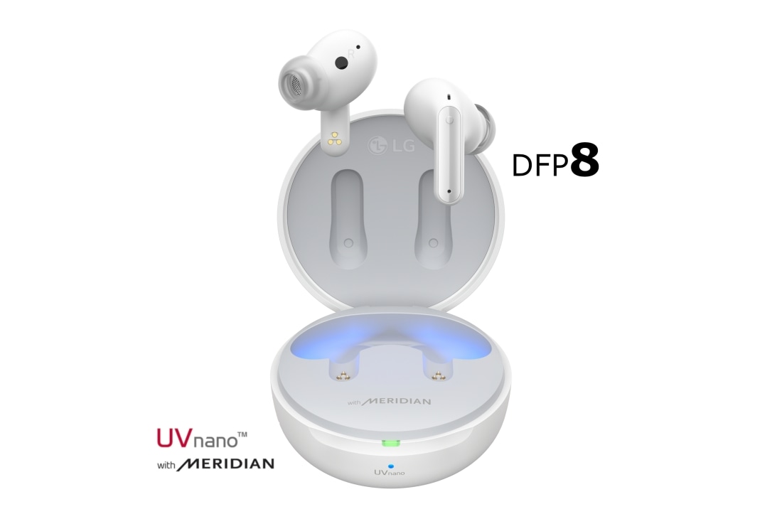 LG TONE Free DFP8W –Active Noise Cancellation amélioré, Écouteurs Bluetooth True Wireless, Image avec écouteurs flottant au-dessus d’un berceau ouvert., TONE-DFP8W