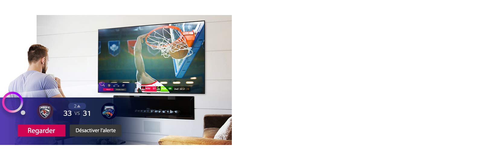 L'écran montre une scène d'un match de basket avec Sports Alert