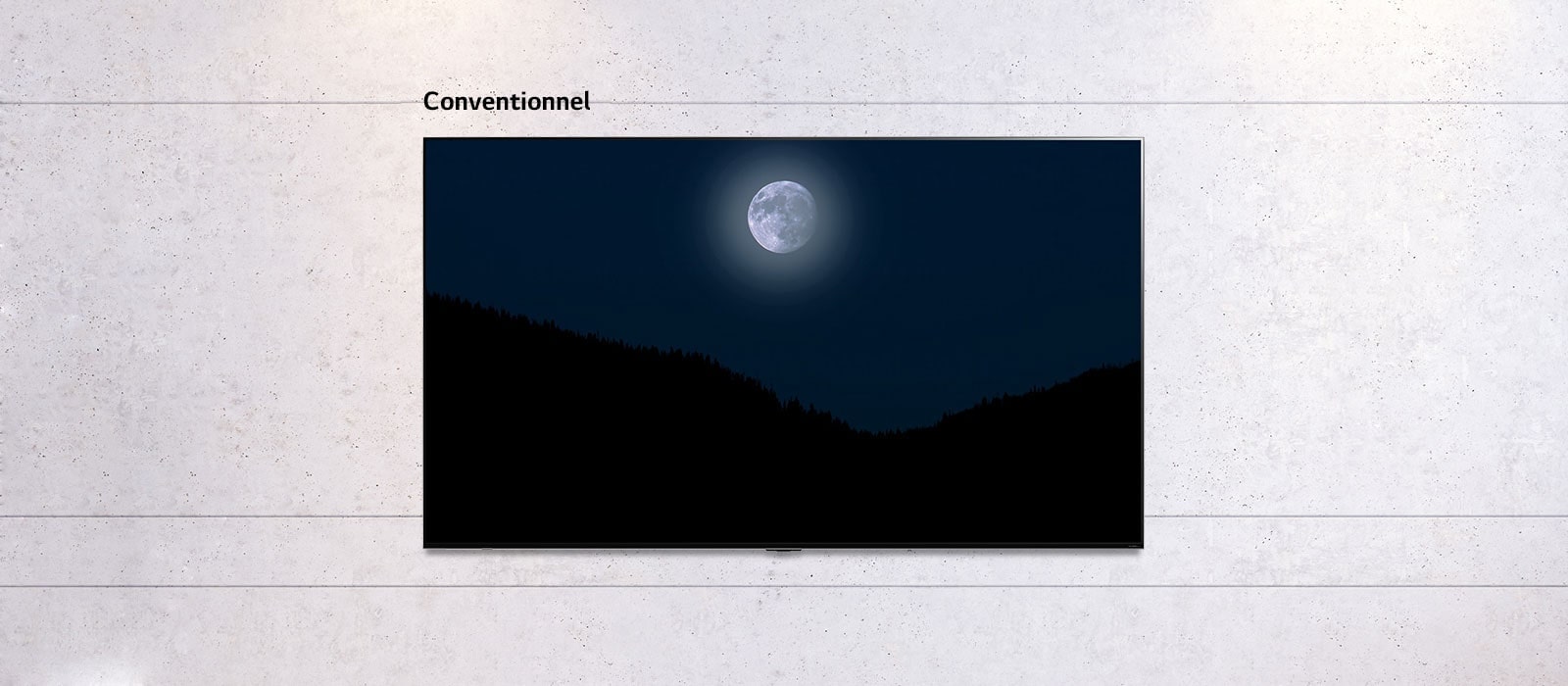 Image déroulante d’un téléviseur fixé au mur montrant une scène sombre d’une lune par-dessus des montagnes. La scène alterne entre un téléviseur de taille normale et grand écran de téléviseur LG QNED MiniLED.