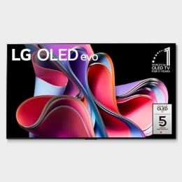 帶有徽標“ LG OLED，10年世界第一電視”和“面板保證：5年”徽標的面部視圖