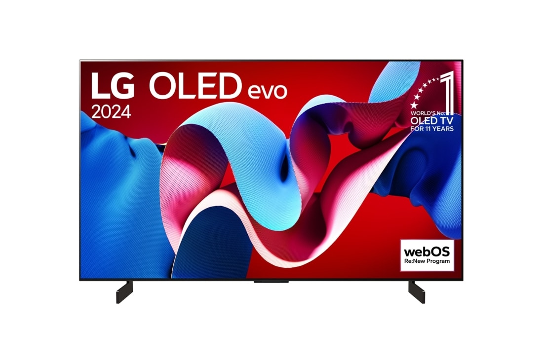 LG Smart TV OLED42C4 LG OLED evo C4 4K 42 pouces, Vue de face d’un téléviseur LG OLED evo, OLED C4, logo OLED 11 ans numéro 1 mondial et logo webOS Re:New Program sur l’écran, OLED42C48LA