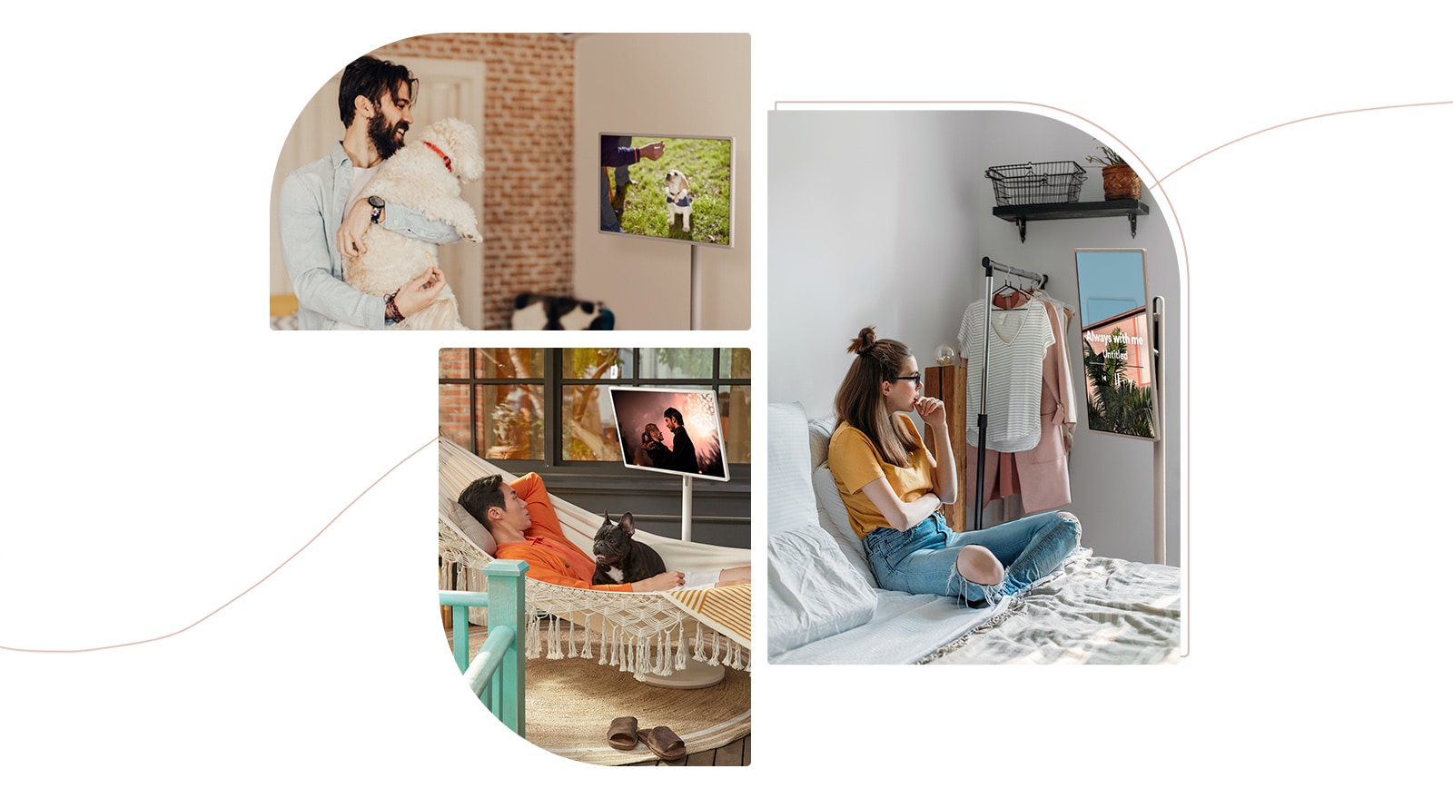 Trois collages d’images de style de vie de différentes personnes regardant joyeusement la télévision pendant leur temps libre.