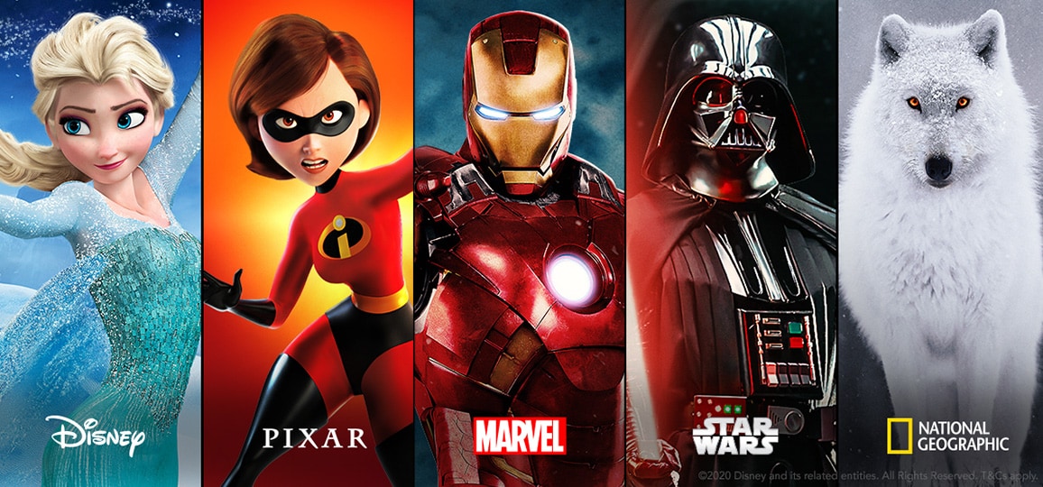 Logo Disney + suivi de cinq intertitres verticaux de Disney, Pixar, Marvel, Star Wars et National Geographic 