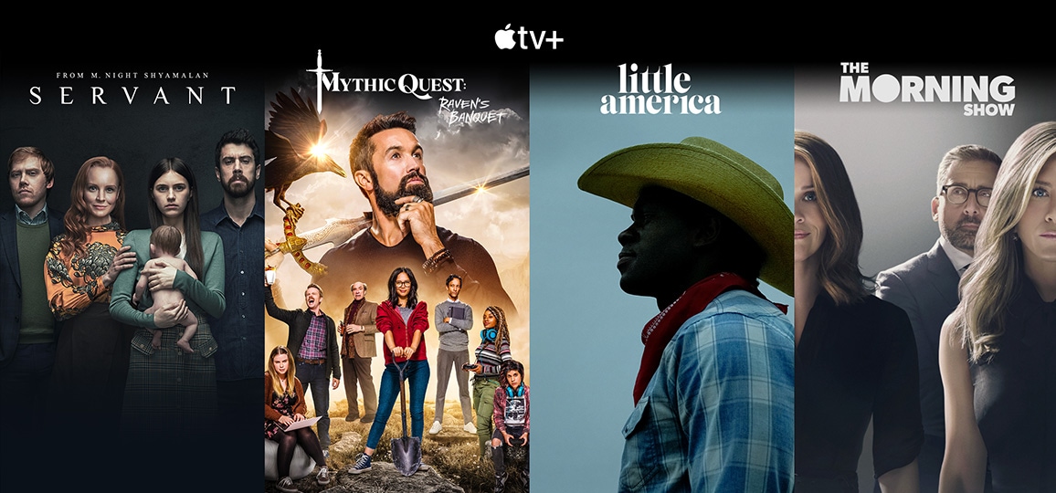 Logo Apple TV+ suivi de quatre intertitres verticaux de Servant, Mythic Quest, Little America et The Morning Show