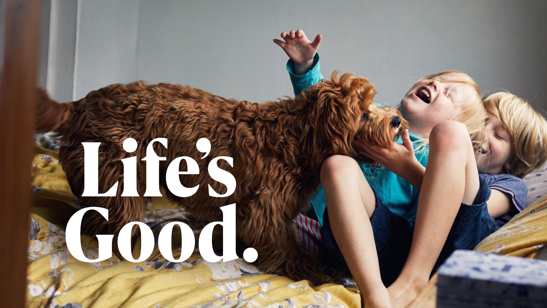 Zwei kleine Jungen liegen Seite an Seite auf einem Bett, beide mit einem warmen Lächeln im Gesicht, während sie einen freundlichen Hund zwischen sich kuscheln.