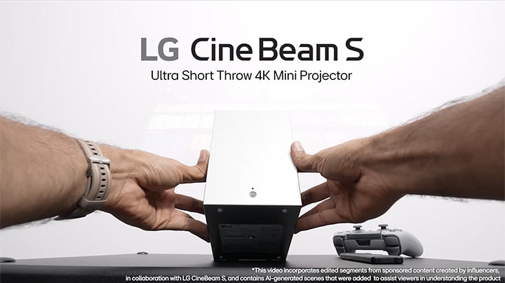 LG CineBeam S ultra short throw 4K mini projector showcasing compact design and projected image quality in home environments.