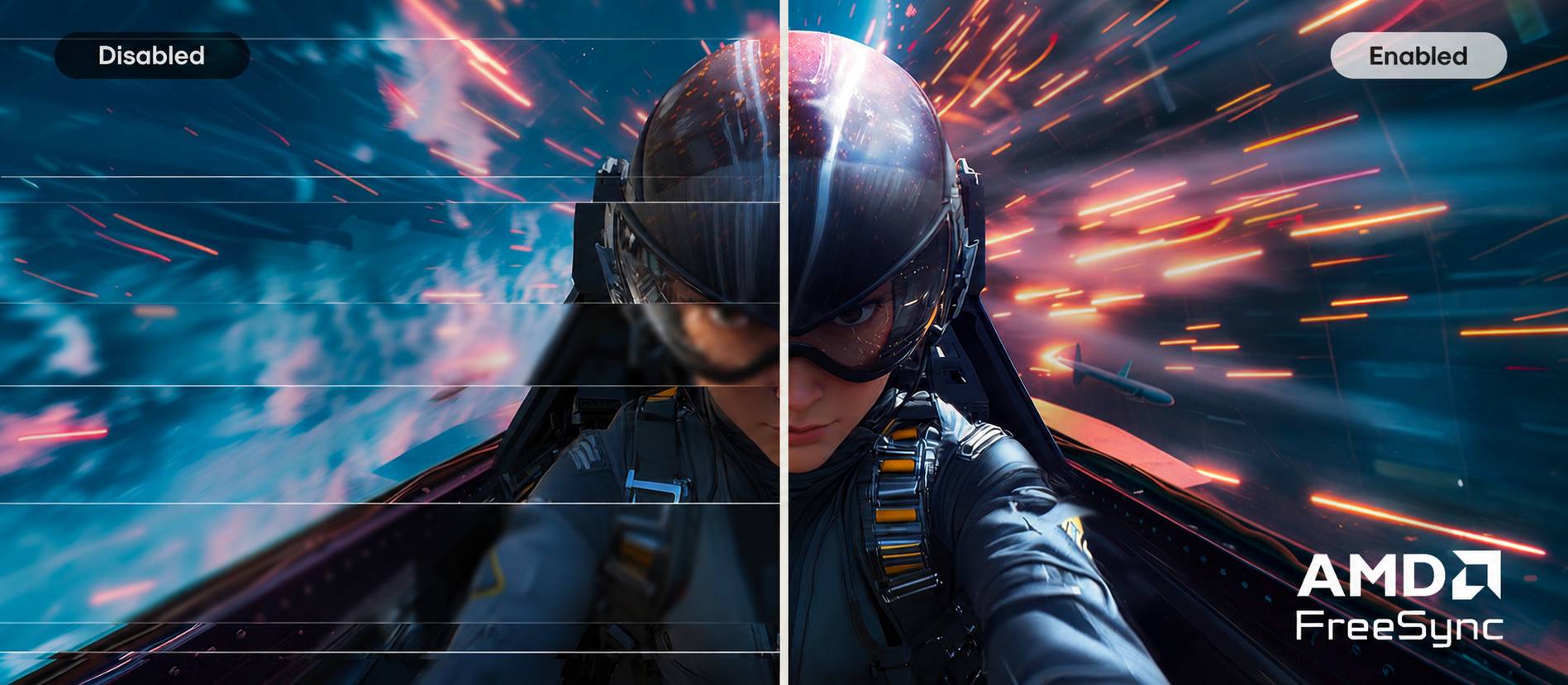 LG FHD Monitor illustrating AMD FreeSync Premium technology with a side-by-side comparison of disabled and enabled modes, showing reduced screen tearing and smoother, more fluid motion for responsive and immersive gameplay.	
