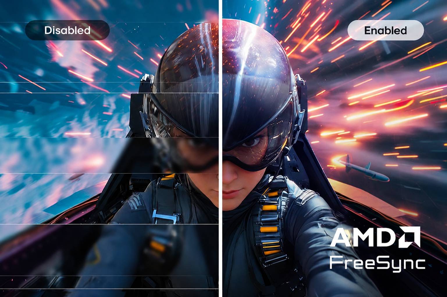 LG FHD Monitor illustrating AMD FreeSync Premium technology with a side-by-side comparison of disabled and enabled modes, showing reduced screen tearing and smoother, more fluid motion for responsive and immersive gameplay.	