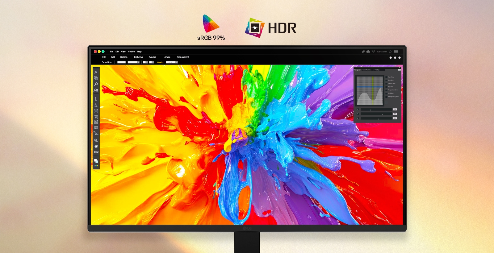 LG FHD Monitor displaying vivid creative content on a wide curved screen with HDR10 support and sRGB 99% color coverage, delivering rich color accuracy, enhanced contrast, and precise visual detail for creative work and immersive viewing.	