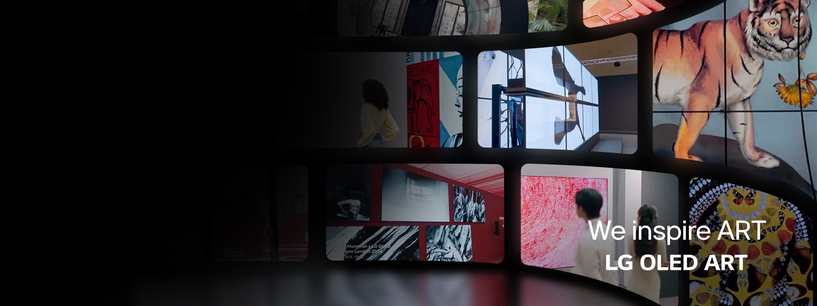 LG TV 展示着不同的艺术作品，其标志上写着 “我们激发艺术灵感” 以及“LG OLED 艺术”。