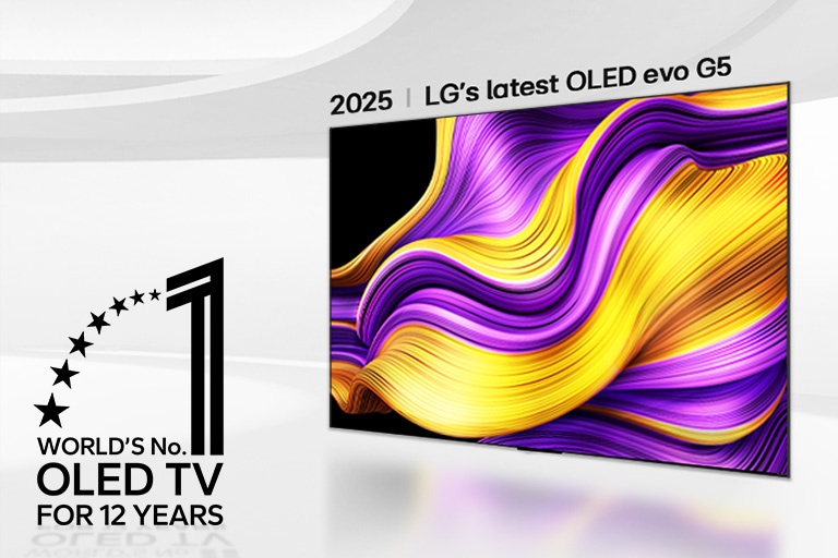 LG OLED evo G5 标有“连续 12 年全球最佳 OLED TV”标志。