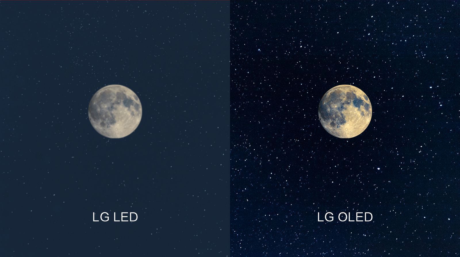 月下景色，左侧是黑色不清晰的LED，右侧是完美黑色的OLED（播放视频）