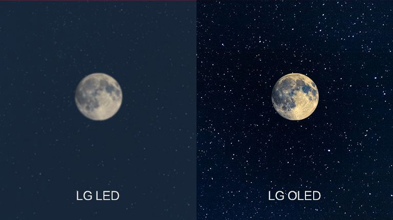 月下景色，左侧是黑色不清晰的LED，右侧是完美黑色的OLED（播放视频）