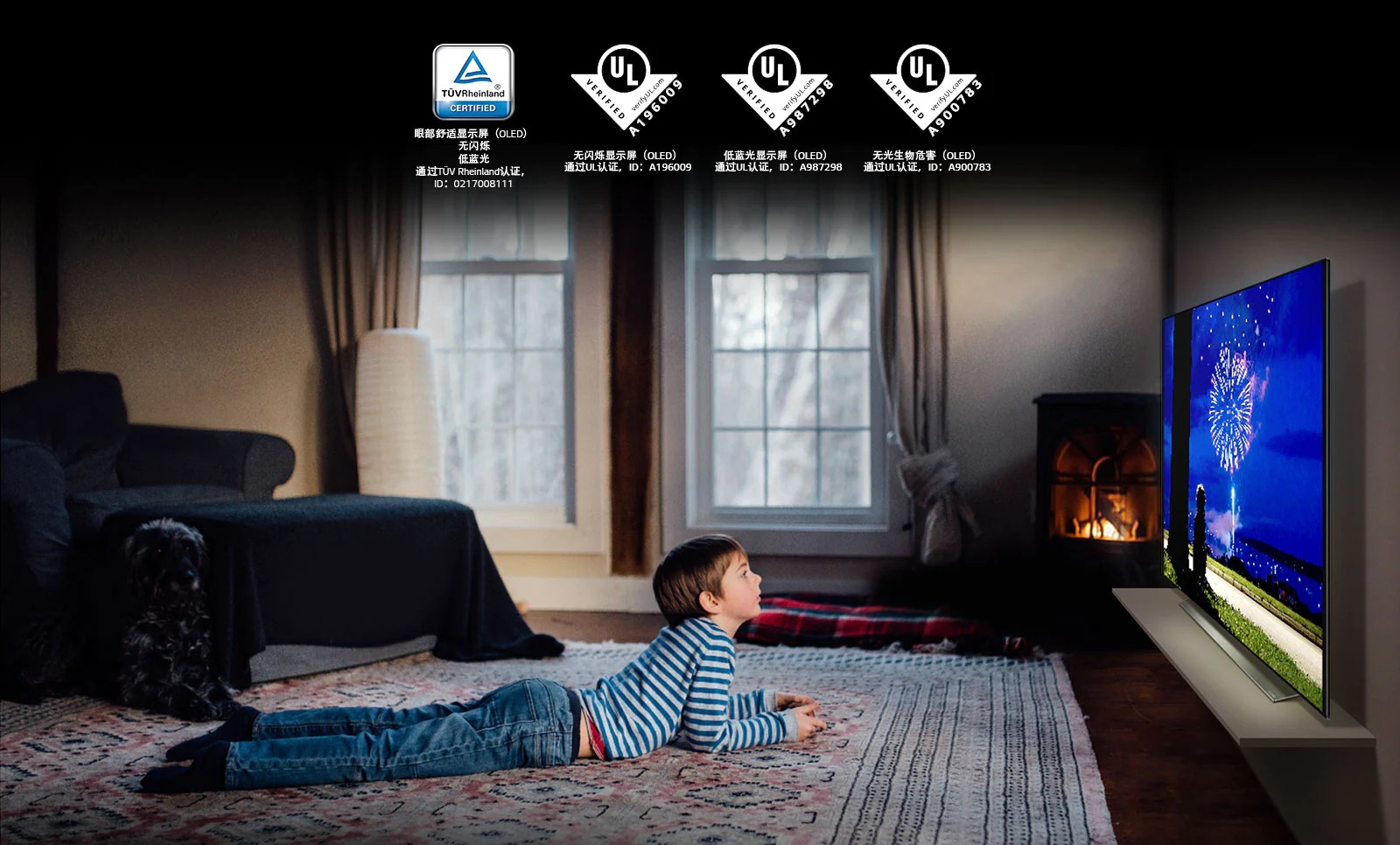 这是描述有关“眼部舒适显示屏”的卡片。 这是一个男孩俯卧看电视的画面。 放置四个有关“眼部舒适显示屏”认证的标志。